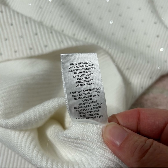 T Tahari Off White Knit Silver Rhinestone Sweater SZ Large Holiday Winter Spring - Picture 5 of 14